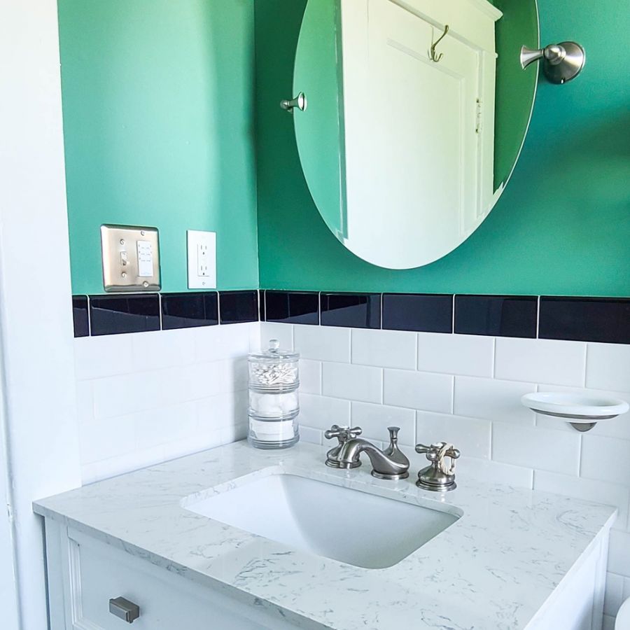 Bathroom Vanity With Green Walls And Mirror Image