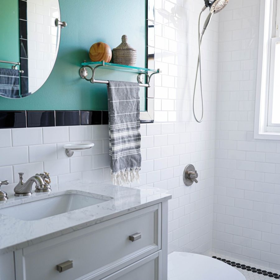 Modern White Bathroom With Shower And Mirror Setup